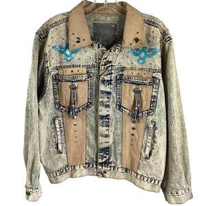 Vintage 1980s Aztec Beaded/Fringe Studded Acid Wash Denim Jacket